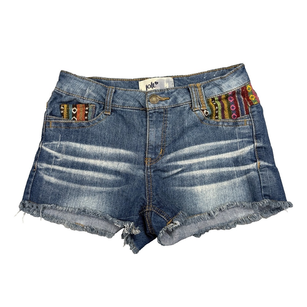 Jolt Womens Shortie Shorts Size 7 Mid Rise Cut Off Blue Denim Aztec Southwestern